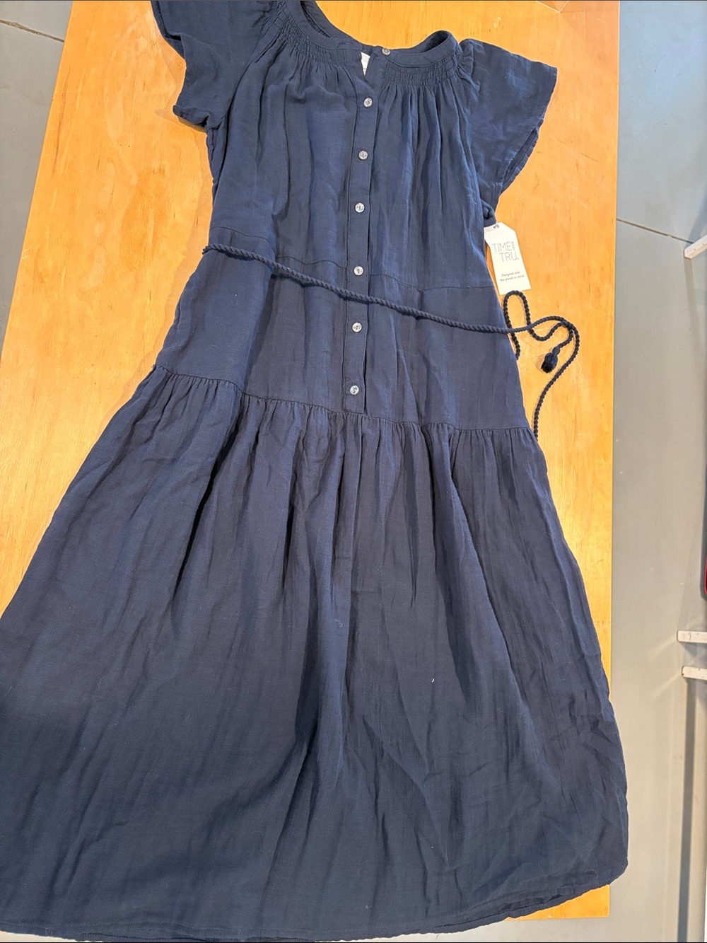 Time and Tru Navy Blue Button-Front Maxi Dress with Tie
